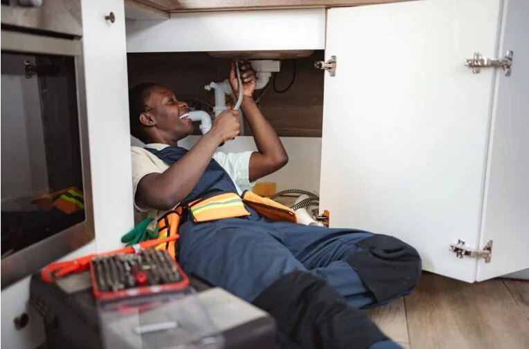 Plumber repairing pipes under a kitchen sink
